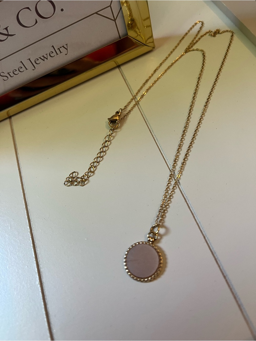 Gold Stainless Steel Necklace with a Pink Elegant Delicate Stone Pendant